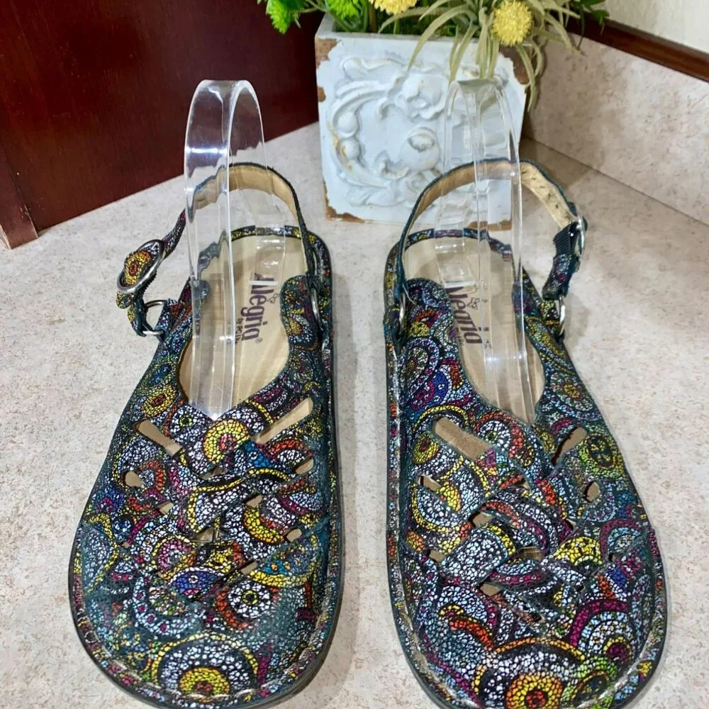 Alegria Freesia Rainbow Mosaic Mules Size 9 Slip On Multi Color Comfort Shoe